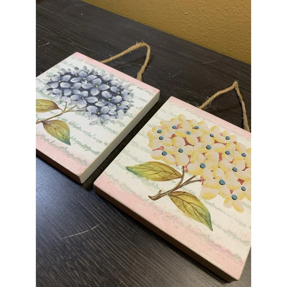 Home Interiors Hydrangeas - Ceramic Tile Wall Art Plaques - Set of 2